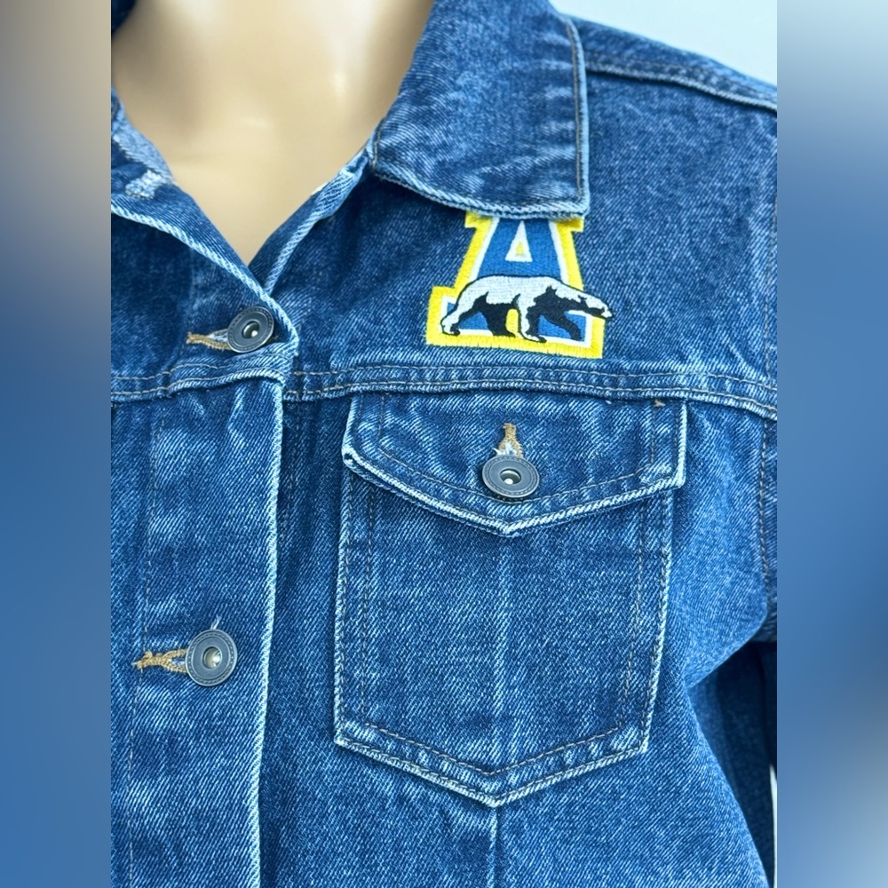 Port Authority Women’s Denim Jacket, Size Medium, Letter A & Bear Logo Patch